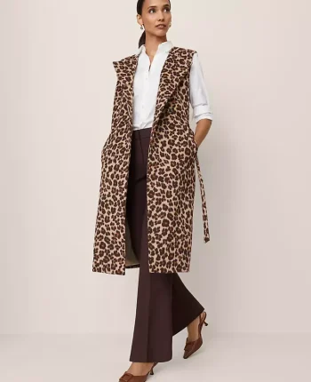 Ann Taylor Jackets And Blazers|Animal Print Belted Trench Vest Almond Croissant