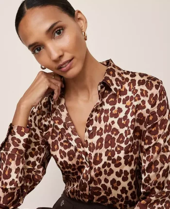Ann Taylor Tops And Blouses|Animal Print Satin Button Down Shirt Pale Sandalwood