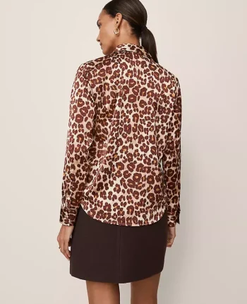 Ann Taylor Tops And Blouses|Animal Print Satin Button Down Shirt Pale Sandalwood