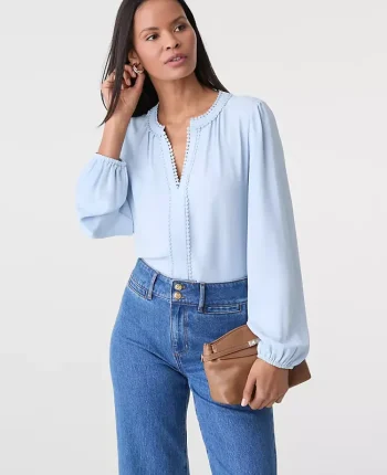 Ann Taylor Tops And Blouses|Bobble Trim V-Neck Blouse Pristine Blue