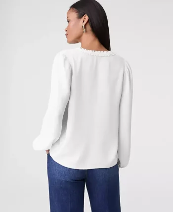Ann Taylor Tops And Blouses|Bobble Trim V-Neck Blouse Winter White