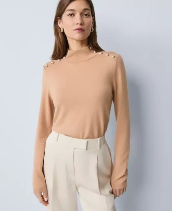 Ann Taylor Sweaters|All Sweaters|Button Mock Neck Sweater Cafe Au Lait