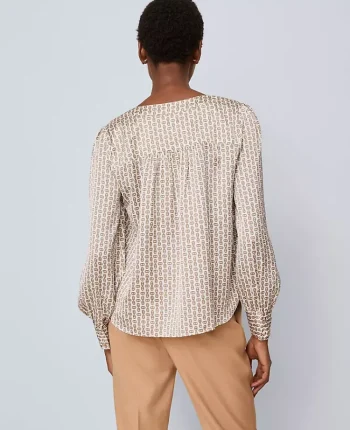 Ann Taylor Tops And Blouses|Chain Link Print Satin Popover Cafe Au Lait