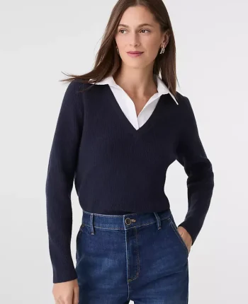 Ann Taylor Sweaters|All Sweaters|Collared Mixed Media Sweater Night Sky