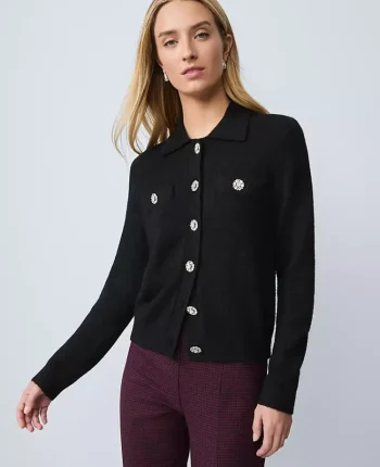 Ann Taylor Sweaters|All Sweaters|Embellished Collared Cardigan Black