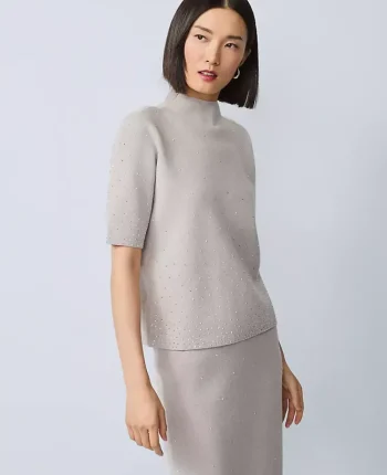 Ann Taylor Sweaters|All Sweaters|Embellished Mock Neck Sweater Tee Medium Light Heather Grey
