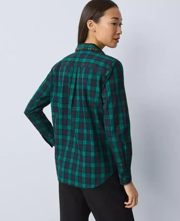 Ann Taylor Tops And Blouses|Embellished Plaid Relaxed Perfect Shirt Rainforest