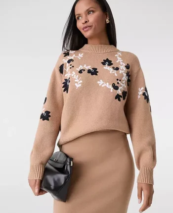 Ann Taylor Sweaters|All Sweaters|Embroidered Floral Mock Neck Sweater Cafe Au Lait