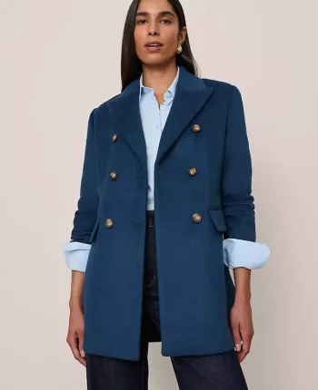 Ann Taylor Jackets And Blazers|Fitted Long Double Breasted Coat Moonlit Backdrop