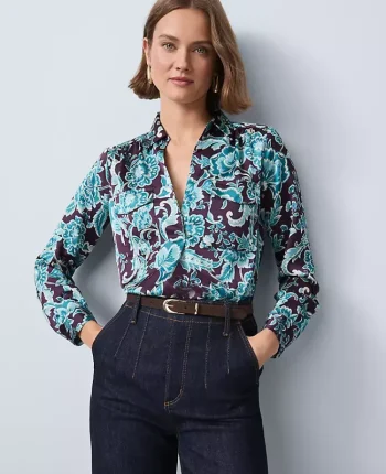 Ann Taylor Tops And Blouses|Floral Camp Shirt Aubergine Dream