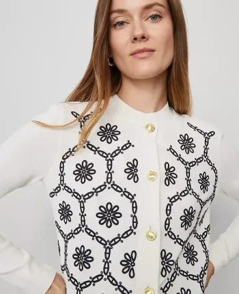 Ann Taylor Sweaters|All Sweaters|Floral Embroidered Cardigan White/Navy