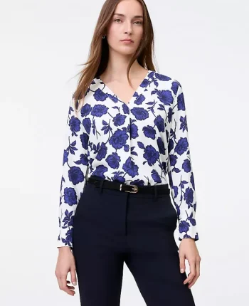 Ann Taylor Tops And Blouses|Floral Mixed Media Pleat Front Top Electric Periwinkle