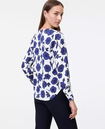 Ann Taylor Tops And Blouses|Floral Mixed Media Pleat Front Top Electric Periwinkle