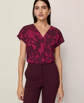 Ann Taylor Tops And Blouses|Floral Mixed Media Pleat Front Top Poised Plum