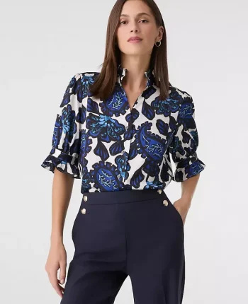 Ann Taylor Tops And Blouses|Floral Ruffle Collar Shirt Night Sky