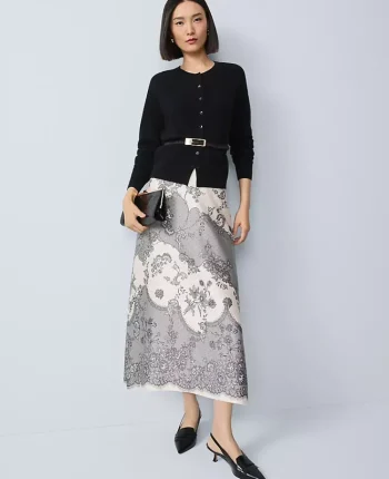 Ann Taylor Skirts|Floral Satin Midi Skirt Ivory Whisper