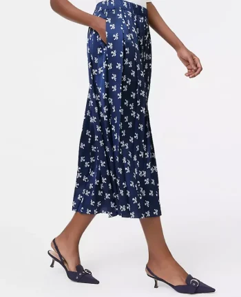 Ann Taylor Skirts|Floral Satin Pleated Midi Skirt Indigo Dusk