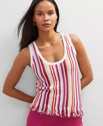 Ann Taylor Sweaters|All Sweaters|Fringe Striped Shell Red Pepper