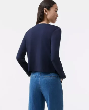 Ann Taylor Tops And Blouses|Fringe Trim Knit Jacket Night Sky