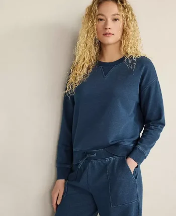 Ann Taylor All Weekend|Haven Well Within Indigo Washed Cotton Fleece Crewneck Pullover Dark Wash