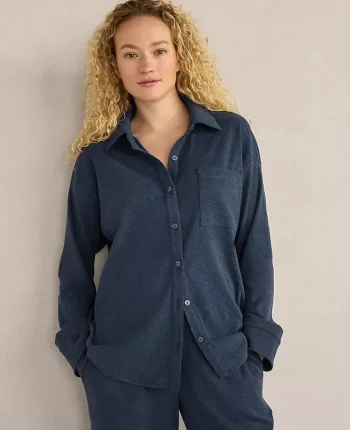 Ann Taylor All Weekend|Haven Well Within Organic Cotton Rib Knit Relaxed Button Down Top Twilight Navy