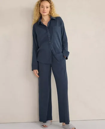 Ann Taylor All Weekend|Haven Well Within Organic Cotton Rib Knit Relaxed Button Down Top Twilight Navy