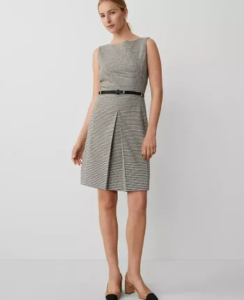 Ann Taylor Dresses|Houndstooth Pleat Front Belted Sheath Dress Neutral Multi