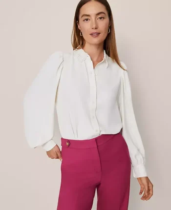 Ann Taylor Tops And Blouses|Lace Collar Blouson Sleeve Shirt Winter White