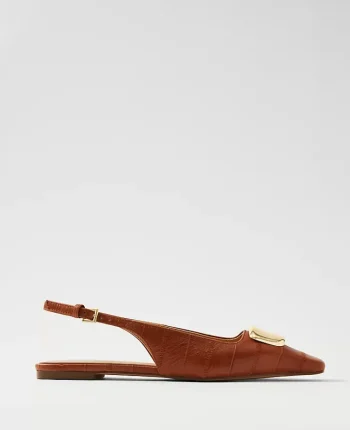 Ann Taylor Weekend Shoes|Weekend Shoes|Leather Buckle Slingback Flat Saddle Brown
