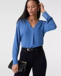 Ann Taylor Tops And Blouses|Mixed Media Pleat Front Top Refreshingly Blue