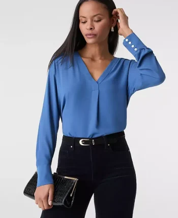Ann Taylor Tops And Blouses|Mixed Media Pleat Front Top Refreshingly Blue
