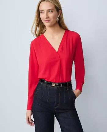 Ann Taylor Tops And Blouses|Mixed Media Pleat Front Top Iconic Red