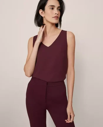 Ann Taylor Tops And Blouses|Mixed Media V-Neck Shell Poised Plum
