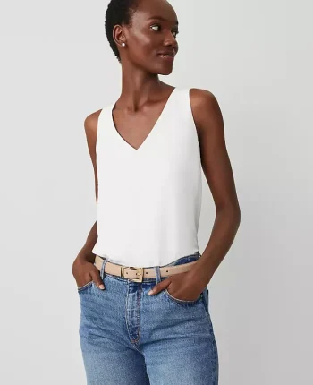 Ann Taylor Tops And Blouses|Mixed Media V-Neck Shell Winter White