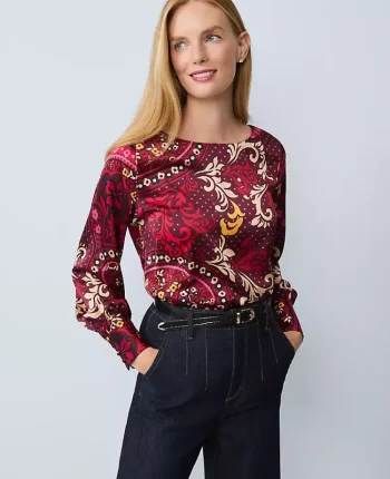 Ann Taylor Tops And Blouses|Paisley Satin Boatneck Popover Poised Plum