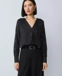 Ann Taylor Tops And Blouses|Pearl Embellished Mixed Media Top Black