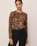 Ann Taylor Sweaters|All Sweaters|Petite Animal Print Essential Crew Neck Sweater Brown