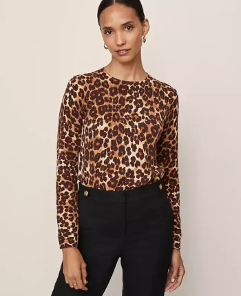 Ann Taylor Sweaters|All Sweaters|Petite Animal Print Essential Crew Neck Sweater Brown