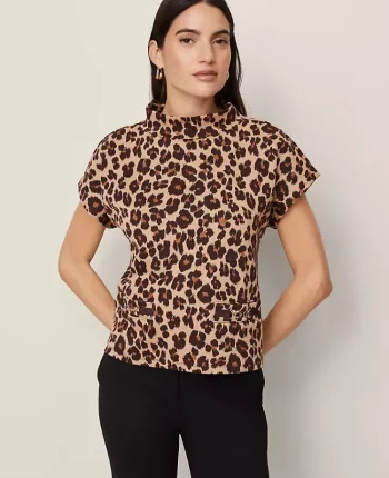 Ann Taylor Tops And Blouses|Petite Animal Print Horsebit Mock Neck Top Almond Croissant