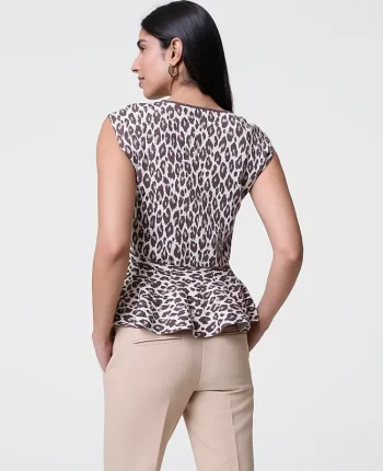 Ann Taylor Petite Sweaters|New Petite Styles|Petite Animal Print Peplum Top Chocolate Brown