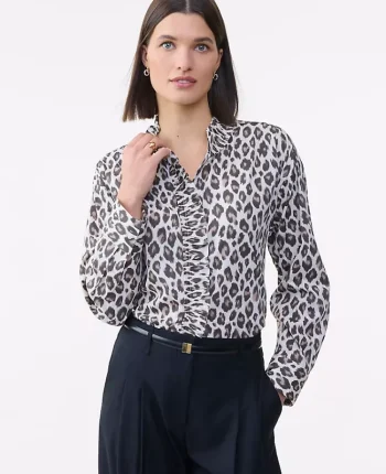 Ann Taylor New Petite Styles|Petite Animal Print Ruffle Shirt Pale Linen