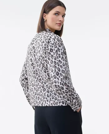 Ann Taylor New Petite Styles|Petite Animal Print Ruffle Shirt Pale Linen
