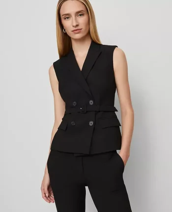 Ann Taylor Petite Jackets And Blazers|Petite Suits|Petite Belted Double Breasted Vest In Seasonless Stretch Core Black