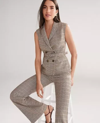 Ann Taylor Petite Jackets And Blazers|Petite Suits|Petite Belted Plaid Vest Copper/Cream Multi