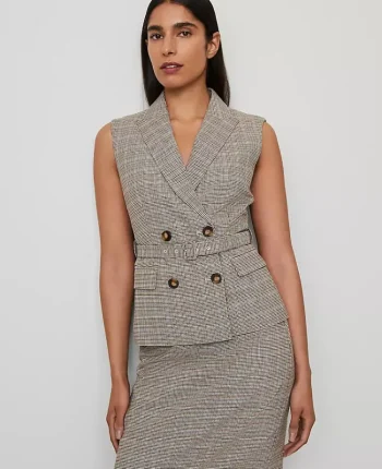 Ann Taylor Petite Jackets And Blazers|Petite Suits|Petite Belted Plaid Vest Copper/Cream Multi