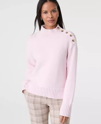 Ann Taylor Petite Sweaters|Petite Button Mock Neck Sweater Pink Ribbon