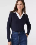 Ann Taylor Petite Sweaters|Petite Collared Mixed Media Sweater Night Sky