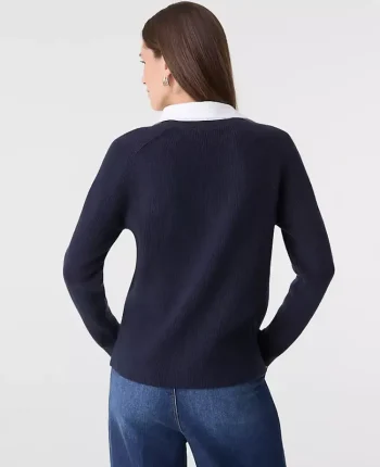 Ann Taylor Petite Sweaters|Petite Collared Mixed Media Sweater Night Sky
