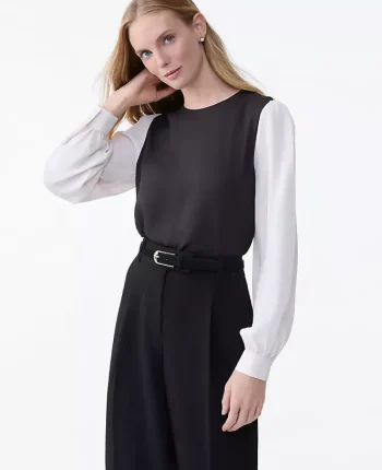 Ann Taylor New Petite Styles|Petite Colorblock Crew Neck Blouse Black