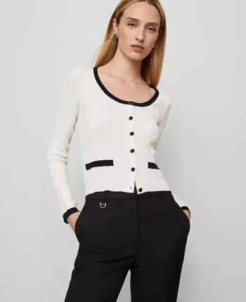 Ann Taylor Sweaters|All Sweaters|Petite Contrast Trim Cardigan Winter White